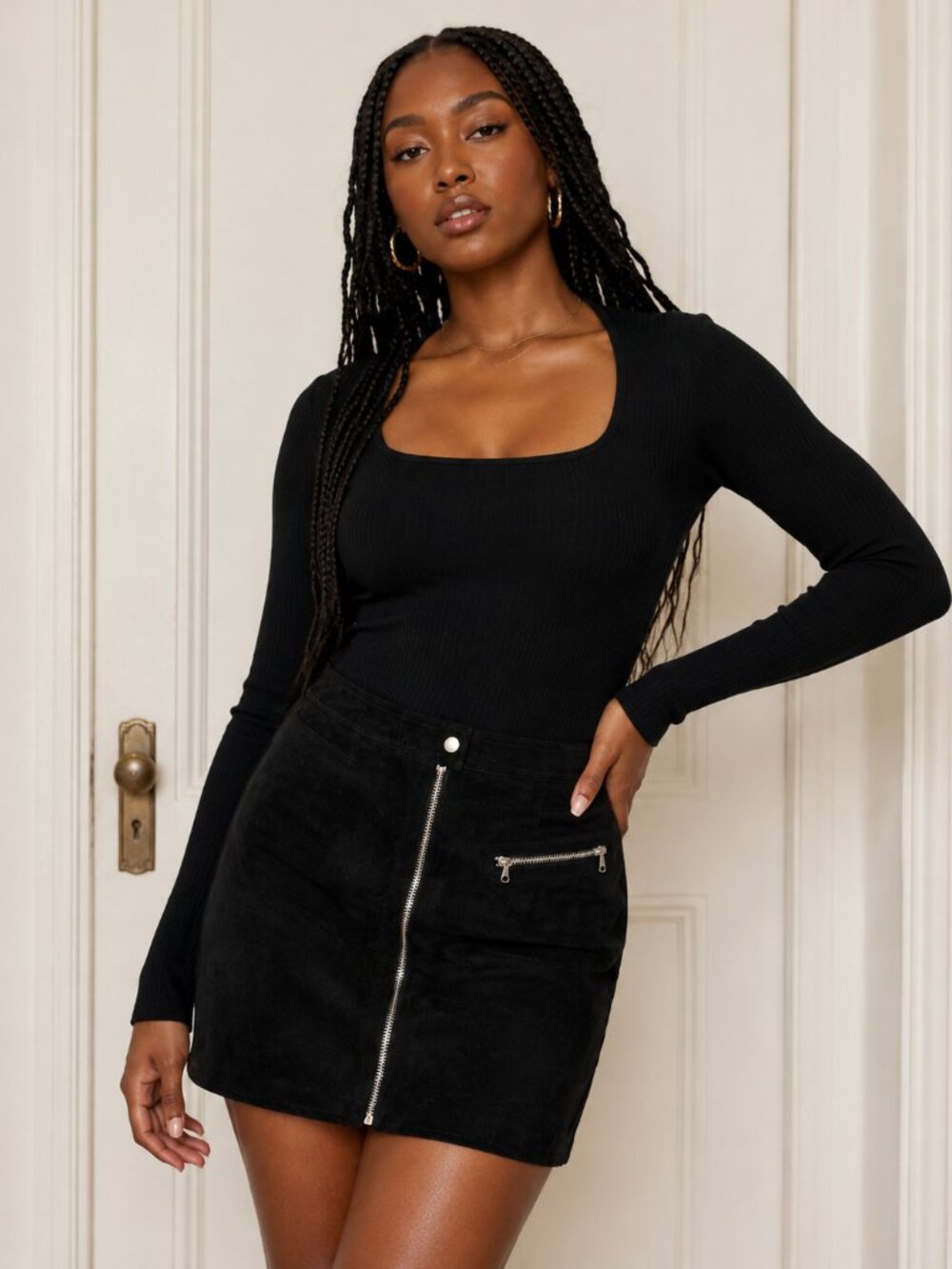 Bagatelle NYC Genuine Suede Black Moto Mini Skirt Zip Front L ✨